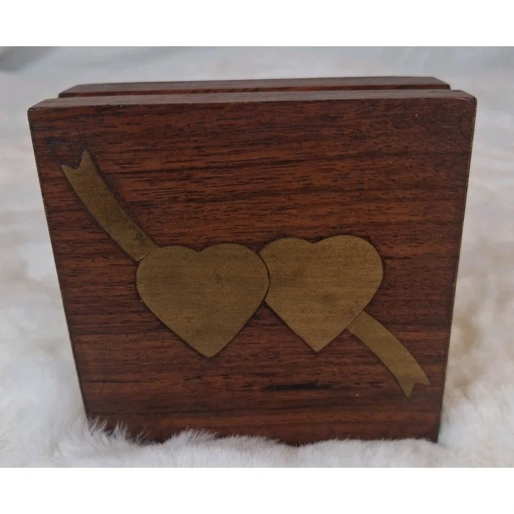 Teak Wooden Jewelry Box Brass Hearts Inlay Vintage Trinket Wood Hinged Lid NY